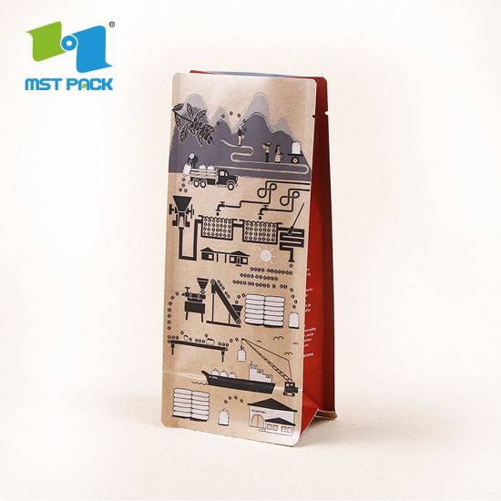 Сильное уплотнение, экологически чистая сторона, плоское дно, индивидуальная печать, оптовая продажа, биоразлагаемый пакет для упаковки кофе с клапаном