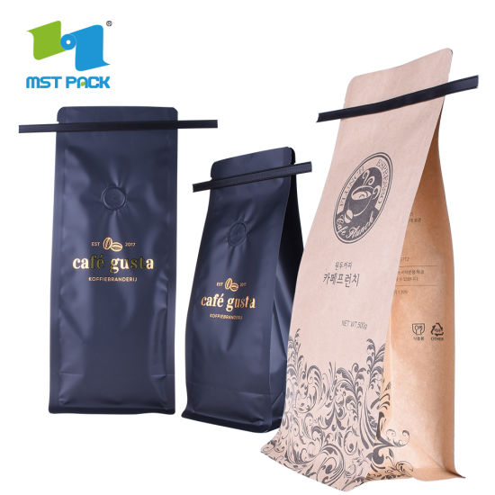 Оптовый роскошный печатный оловянный галстук с плоским дном, био-пакет для кофе в зернах / алюминиевая фольга, боковая вставка, четырехъярусная упаковка, компостируемая упаковка