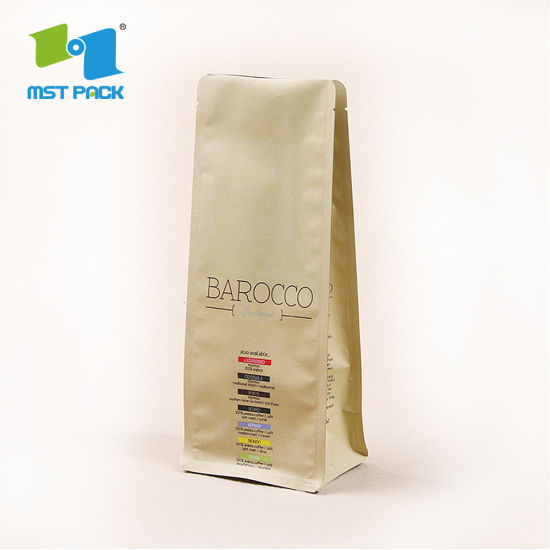 Сильное уплотнение, экологически чистая сторона, плоское дно, индивидуальная печать, оптовая продажа, биоразлагаемый пакет для упаковки кофе с клапаном