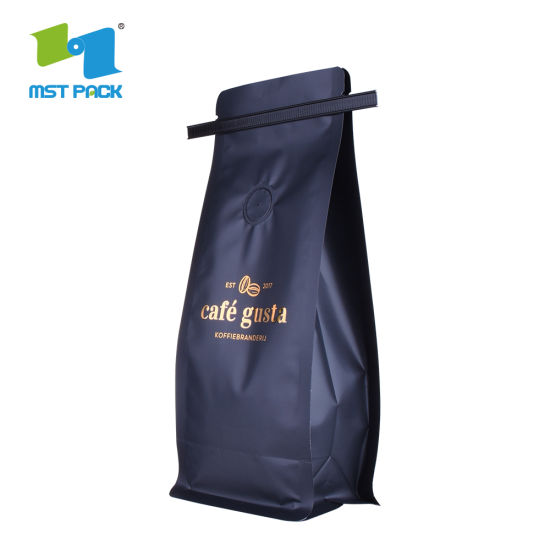 Оптовый роскошный печатный оловянный галстук с плоским дном, био-пакет для кофе в зернах / алюминиевая фольга, боковая вставка, четырехъярусная упаковка, компостируемая упаковка